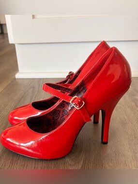 Bordello Red Patent Mary Jane Heels with Ankle Strap